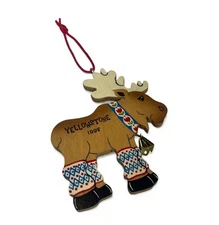Vintage Yellowstone Wood Moose 1998 Christmas Ornament Hand Crafted Made In USA