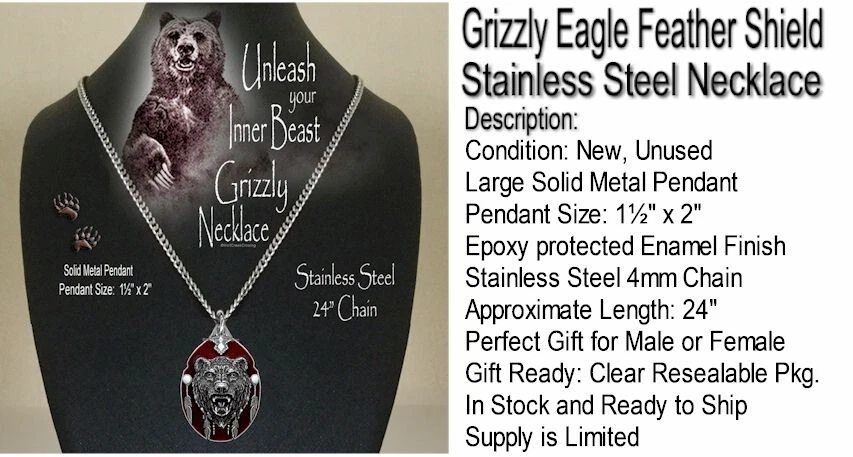 COLLAR ESCUDO PLUMA ÁGUILA PARDA GRANDE OSO GRIZZLY CADENA ACERO INOXIDABLE Foto 2 de 4