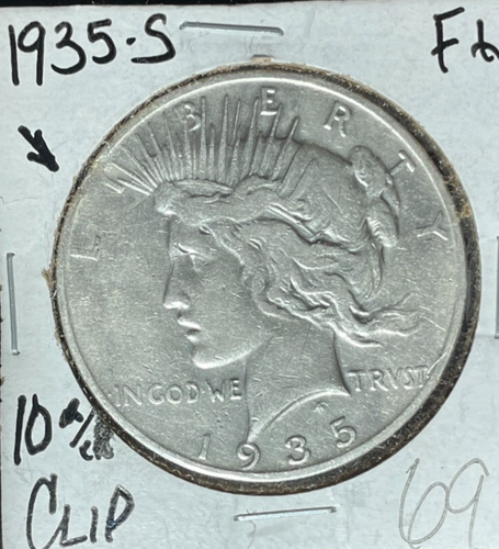 1935-S PEACE SILVER DOLLAR ~FINE+ CLIP AT 10 O CLOCK ~NICE COIN~ - 第 1/2 張圖片