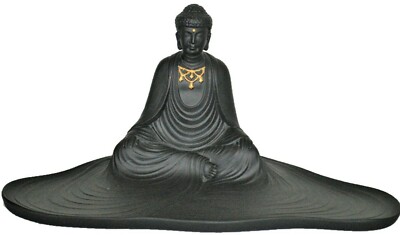 L'Objet Seated Buddha Charcoal Gray Porcelain Tray 24k Gold Trim