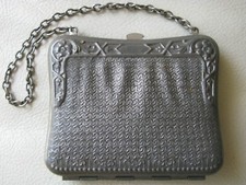 Antique Art Nouveau Floral Silver P Faux Mesh Fabric Lining Card Case Coin Purse