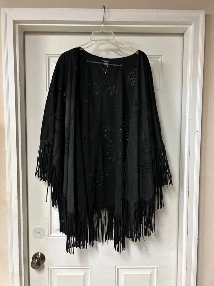 Poncho Insight Negro Boho Flecos Imitación Gamuza Capa Talla OS NUEVO SIN ETIQUETAS Foto 2 de 4
