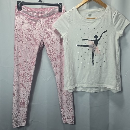 Justice Girls XL 14 2pc Outfit Ballerina Tee Pink Sparkly Velvet Leggings