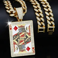 Poker Card KING Pendant & 20" Iced Cubic Zirconia Bling Chain Hip Hop Necklace