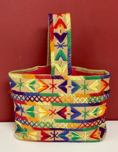 Vintage Boho Burlap Purse Bag Rainbow Yarn Hand Bag Tote Hippie EVC A - Picture 3 of 9