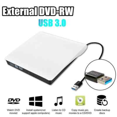 Slim External CD DVD RW Drive USB 3.0 Writer Burner Player White For Laptop PC