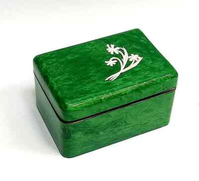 Soviet Jewelry Box Laminated Green With White Flowers Boxes Vintage USSR Woman