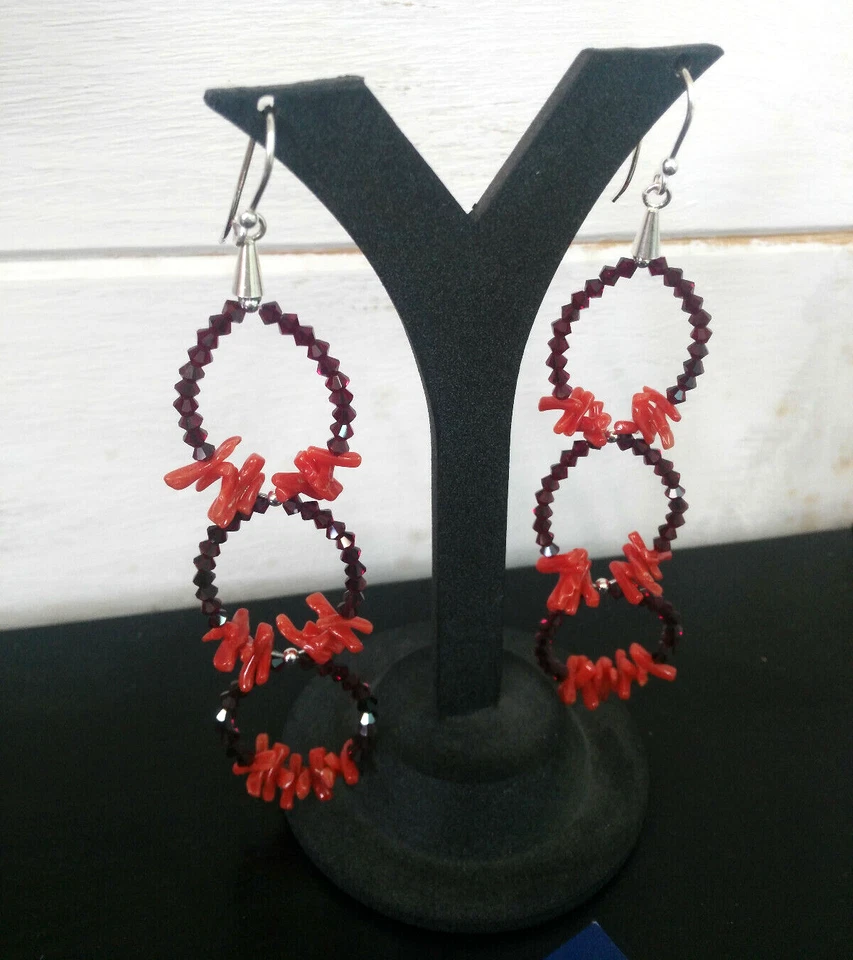 Pendientes Colgantes Swarovski Rojo Rubí Con Coral Natural Y Plata 925 - Imagen 3 de 3