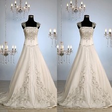 White Ivory Wedding Dress Embroidery Square Neck Sweep Train A Line Bridal Gown