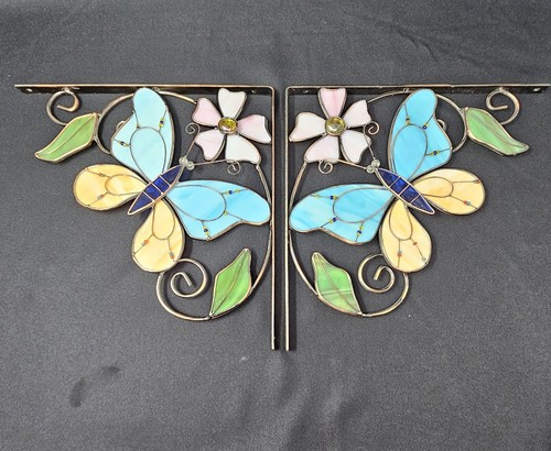 Stained Glass Butterfly/Floral Corner Metal Shelf Brackets Set Of 2 - 第 1/8 張圖片