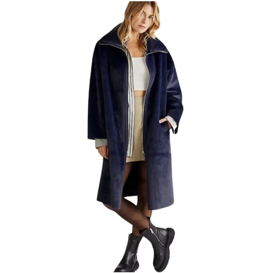 Midnight blue faux fur coat sale