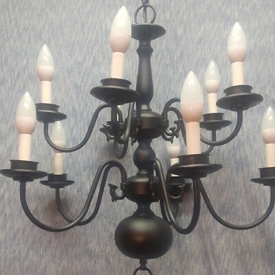 VTG BLACK WILLIAMSBURG STYLE BRASS TEN LED CANDLE LIGHT BULBS 2 TIER CHANDELIER 