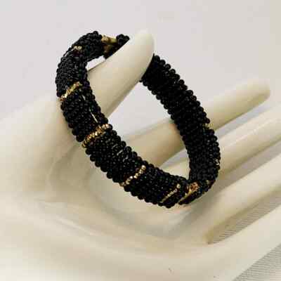 Vintage Early MIRIAM HASKELL Black & Gold Seed Bead Hinge Bangle Bracelet