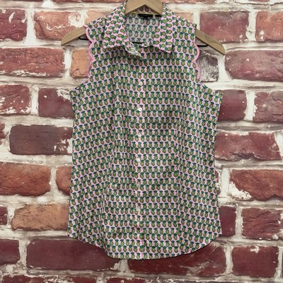 Talbots Top Womens 2 Pink Multicolor Tropical Pineapple Scallop Button Up Shirt