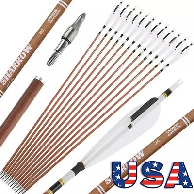 12X Archery Pure Carbon Arrows Natural Feather 31'' Shaft SP340-600 Bow Hunting