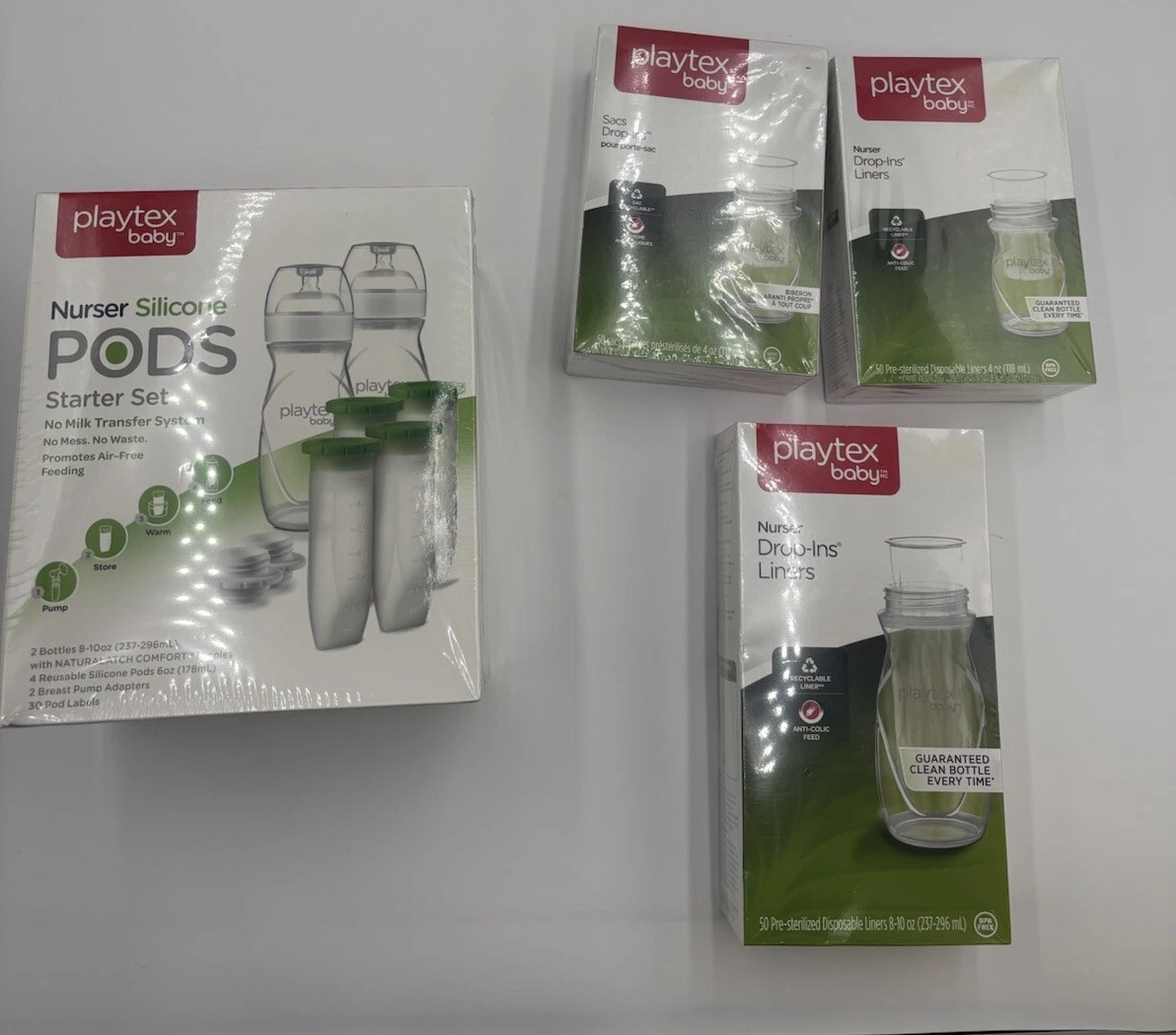 Playtex Baby Lot 4 Nurser Drop-Ins 4oz & 10oz-300 Total Count, PODS silicone Set