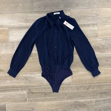 Women Long Sleeve Navy Body Suit-Breathable Tie Blouse Size Small Kate Kasin