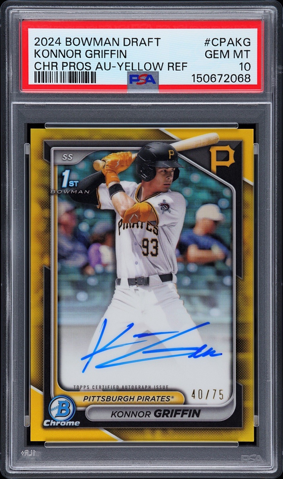 KONNOR GRIFFIN PSA 10 /75 2024 BOWMAN CHROME DRAFT YELLOW REFRACTOR AUTO 1ST