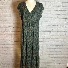 Les Serein Women's PL Green Maxi Dress Boho Print Polyester Bohocore Cottagecore