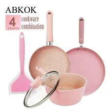 4-Piece Pink Cookware Set: 6.5" Fry Pan, 6.5" Pot w/ Lid, 8.7" Pan & 10" Spatula