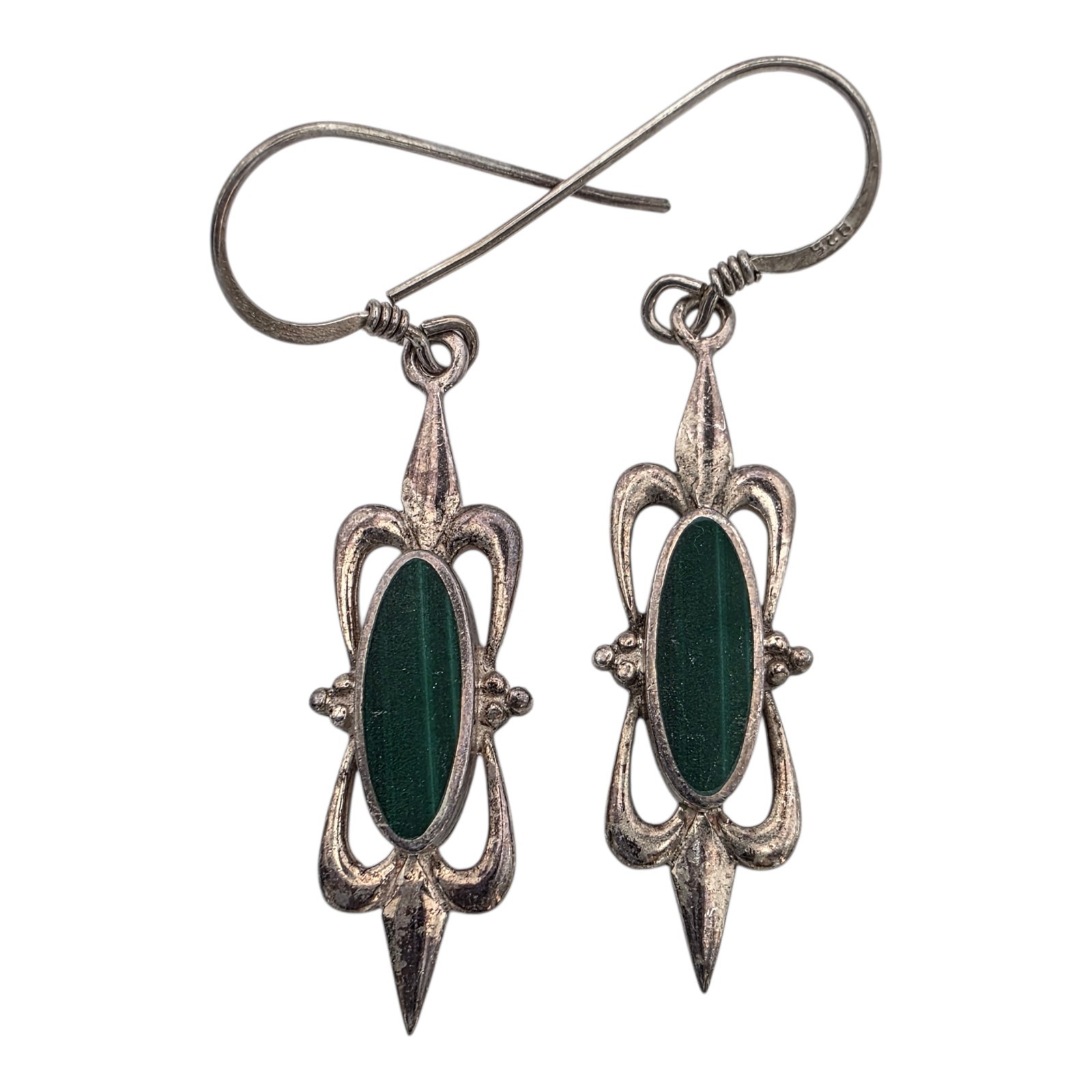 Solid 925 Sterling Silver Malachite Dangle Drop E… - image 1