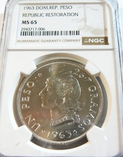 DOMINICAN REPUBLIC 1963 Silver Peso Republic Restoration NGC MS 65