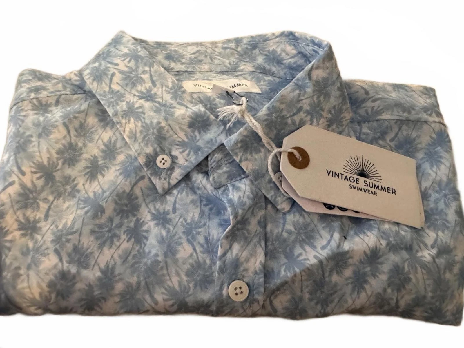 NWT VINTAGE SUMMER Swimwear Mens Palm tree Print white/Blue Button down Shirt L