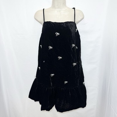 Anthropologie Maeve Bow Velvet Mini Dress Size L Black Coquette Chic Playful