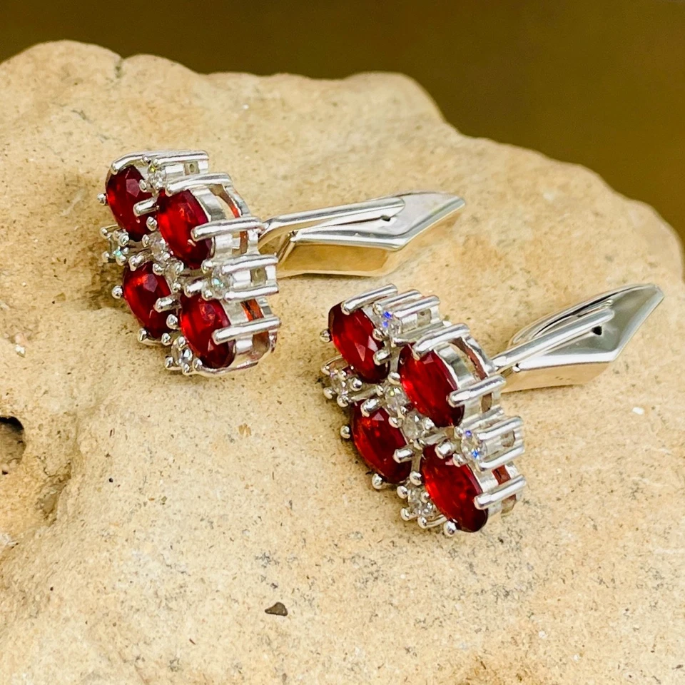 Elegant Men's Silver Cufflinks with Red Ruby Oval & White CZ Stones, Formal Gift - Image 4 of 4