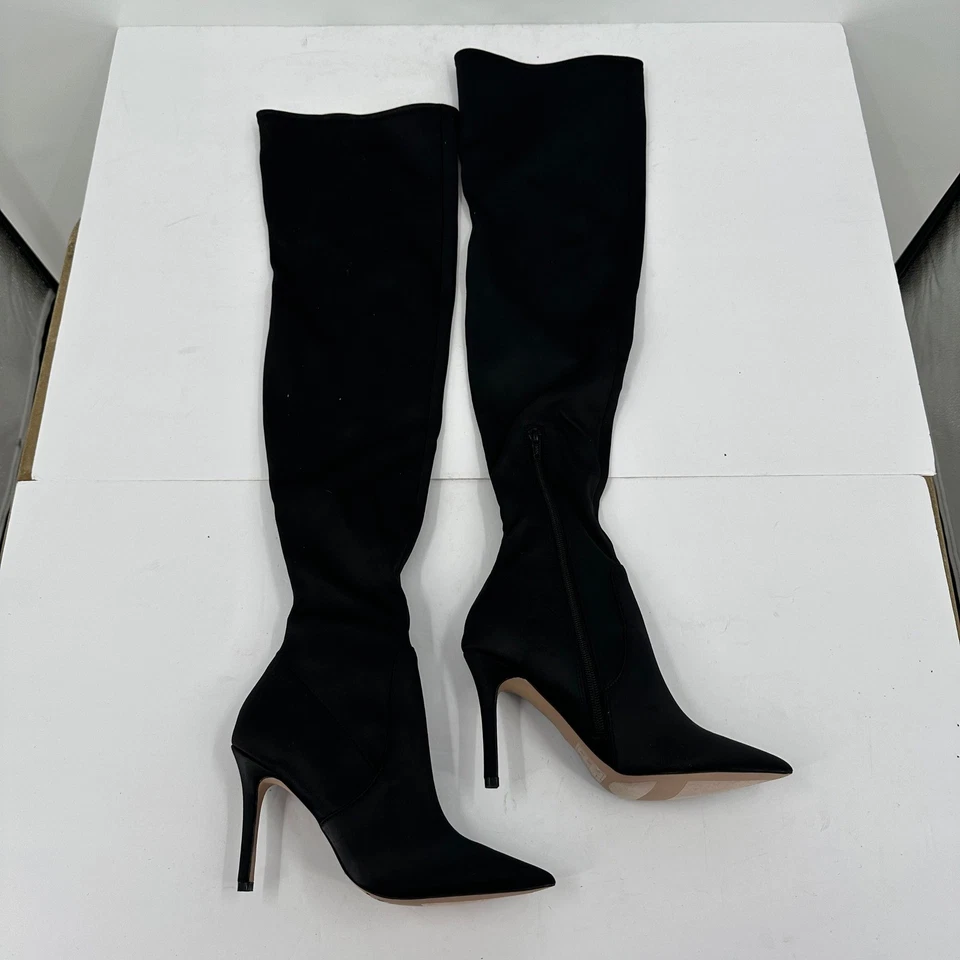 Женские черные атласные сапоги на шпильке ALDO с заостренным носком выше колена размер 6,5 - Изображение 2 из 4