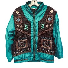 90s VTG Windbreaker Geometric Embroidery Full Zip Bomber Boho Aztec Sz PM Retro