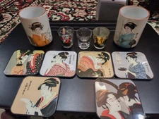 Vintage Geisha Tea Cup, Osaka Shot Glasses, Ukiyoe Art Coasters Japanese Lot 