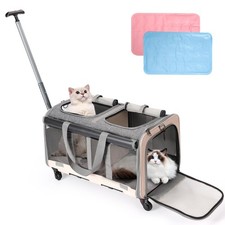 Double-Compartment Rolling Cat Carrier with Wheels for 2 Cats, Foldable Pet