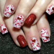 Valentines Press on Nails Short Square Fake Nails, Red Press on Nails Heart