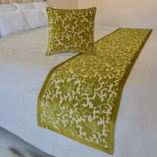 Green Velvet Queen Bed Runner, Velvet, Floral pattern - Enchanted Chartreuse