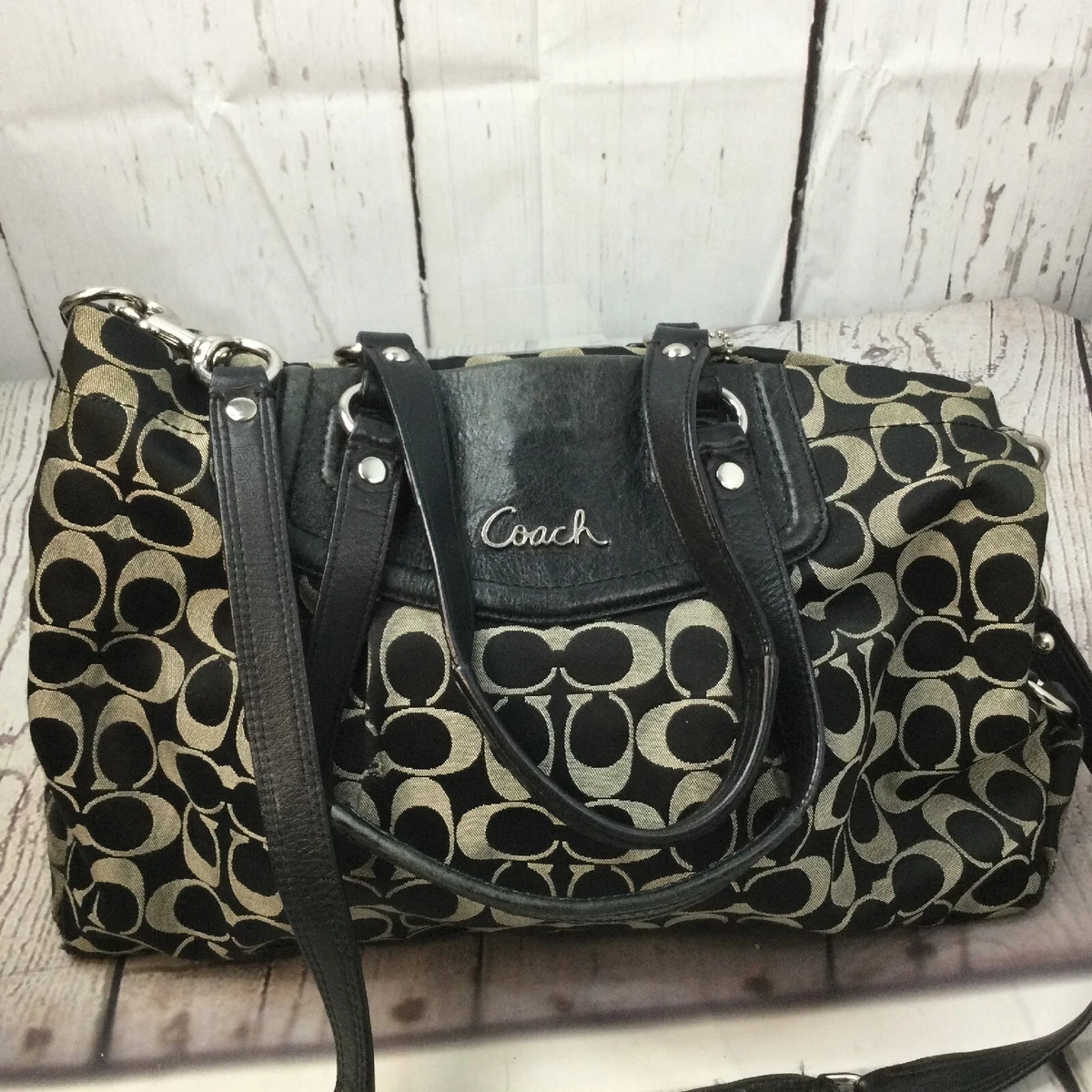Coach Handbag Shoulder Bag Black Tan Stitch Woven Canvas Leather
