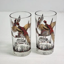 2 VINTAGE RINGNECK PHEASANT DRINKING GLASS GOLD ACCENT MID CENTURY BIRD HUNTING