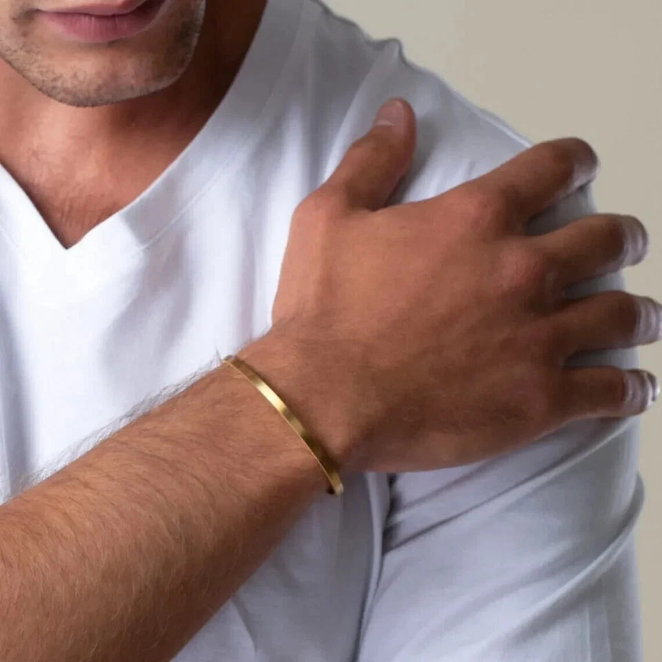 Plain Classic Flat Men's Cuff Bangle Bracelet 8" IN 14k Yellow Gold Over Silver - Image 3 of 3