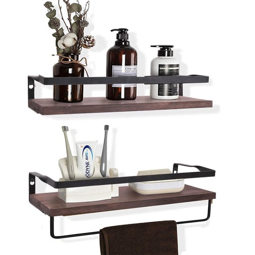 2Pcs Classic Floating Shelves Wall Mounted Kitchen Bath Storage Rack w/Towel Bar - Picture 11 of 14