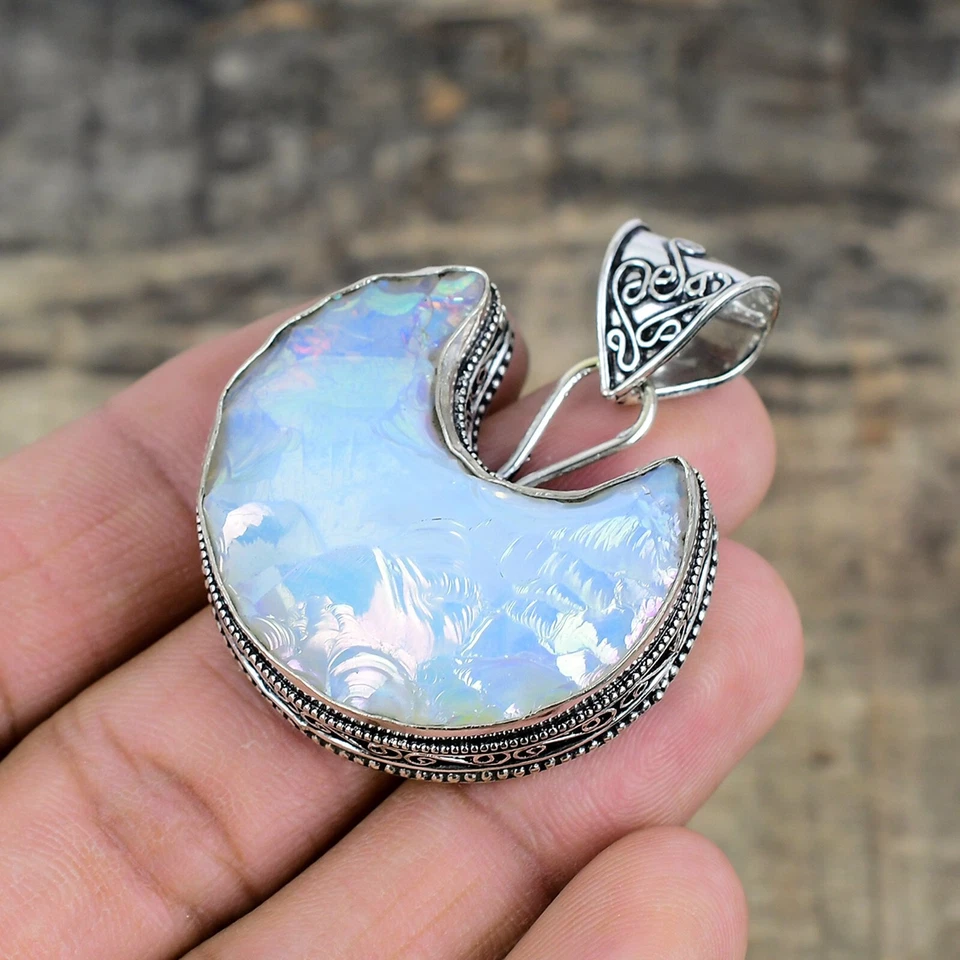 Milky Opale Gemma Artigianale 925 Pendente Argento Sterling per Matrimonio Gioie - Immagine 3 di 4