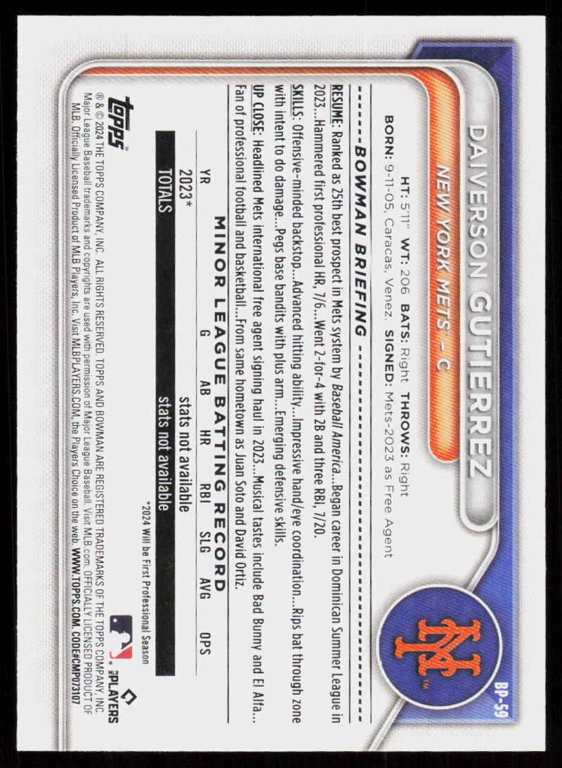 2024 Bowman Daiverson Gutierrez #BP-59 BASEBALL New York