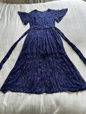 Lovely Wyse Blue Gold Chiffon Midi Dress Size 1 UK 8 Front Split Half Lined | eBay UK Lovely Wyse Blue Gold Chiffon Midi Dress Size 1 UK 8 Front Split Half Lined | eBay UK