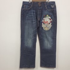 Ed Hardy Mens Love Kills Slowly Gem Skull Jeans Size 42X34 Button Fly Bootcut