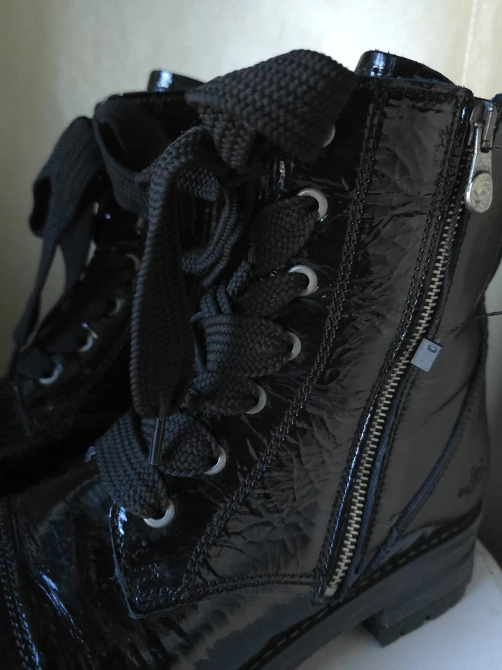 Bos & Co Women’s Black Patent Leather Combat Boots Sz 7 Lace-Up Zip Waterproof - Image 2 of 4