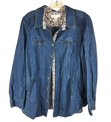Christopher & Banks Denim Button-Down Shirt Shacket Floral Trim Womens L JH1850