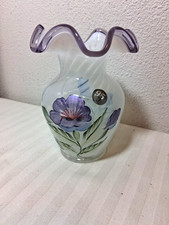 VINTAGE FENTON PURPLE CREST SPIRAL OPTIC RUFFLED VASE W/PURPLE FLOWERS  LABEL