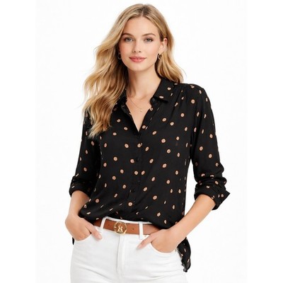 Cosmic Blue Love Kayla Henley Blouse Black Laverne Dot Rayon LP NWT