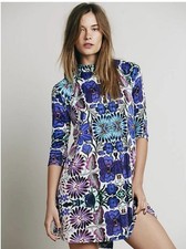Anthropologie S Floral A-Line Dress Rayon Keyhole Neck Purple Blue
