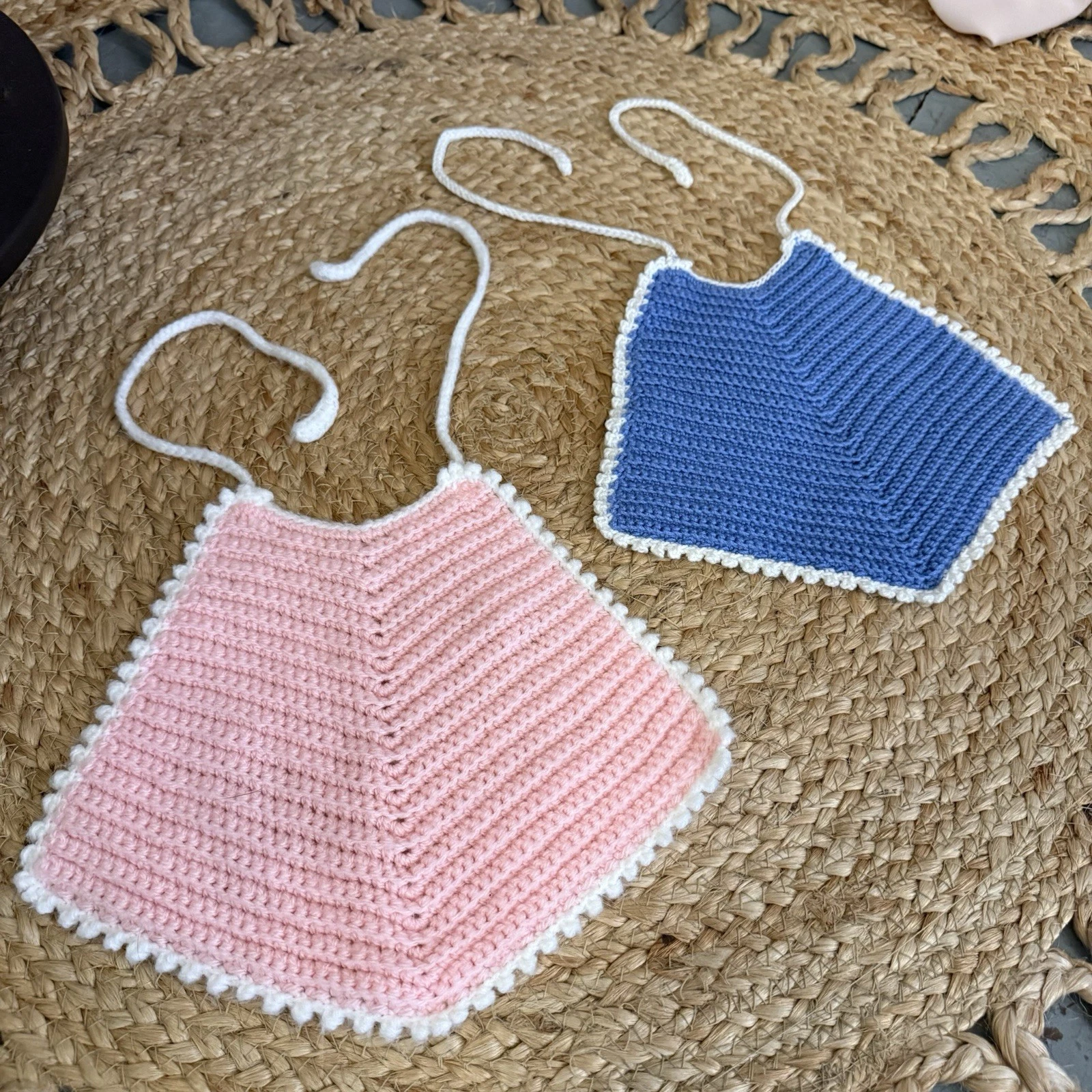 Vintage 70s Handmade Crochet Baby Bibs Pair Pink Blue Scalloped Edge Tie Straps