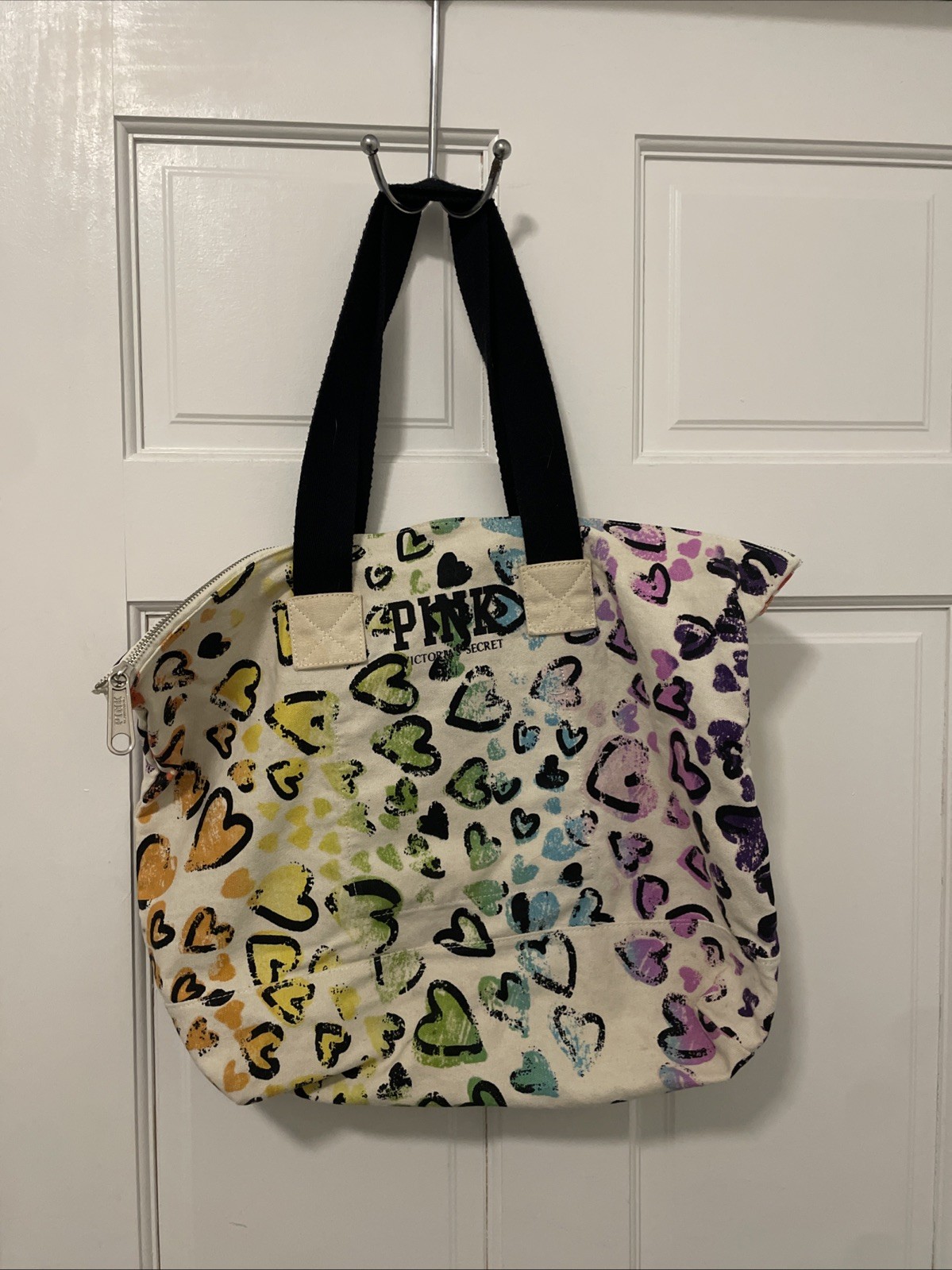 Victoria's Secret Pink Medium/Large Reusable Canvas 2000’s Y2K Hearts Tote Bag